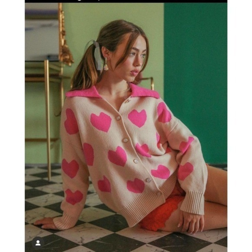 Listicle Tan Pink Heart Print Oversized Cardigan Sweater Collared Size S